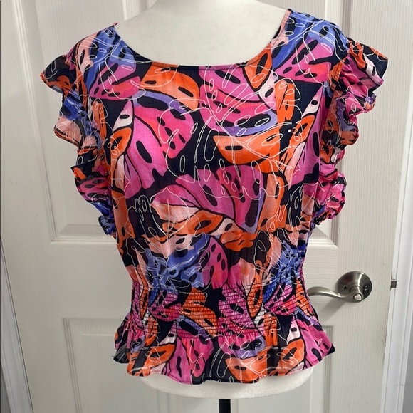 Tommy Hilfiger Tropical Pink, Orange & Purple Short Ruffle Sleeve Smocked Waist - Picture 2 of 13